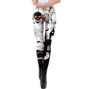 White gothic halloween leggings with skull pumpkin and blood splatter print front and back view on female model