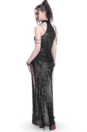 Gothic lace maxi dress back view showcasing sheer mesh fabric, chain shoulder details, and dramatic high side slit