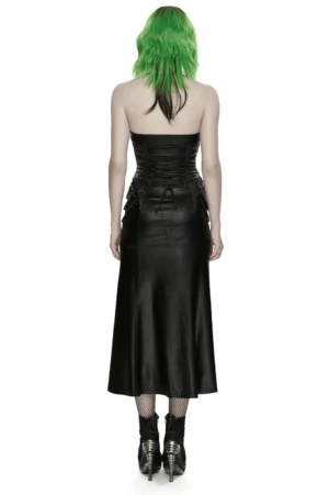 Back view of gothic halter dress showcasing adjustable lace-up corset back and drawstring waist closure