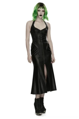 Black gothic halter maxi dress with lace-up back and front thigh split detail on model with green gradient hair