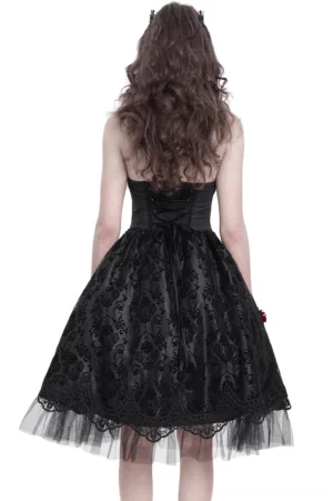 Gothic halter dress back view showing lace-up closure and multi-layered tulle skirt on model