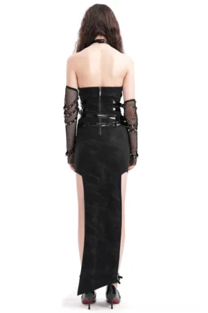 Backless black gothic halter dress with patent leather straps and high side slit - back view on model