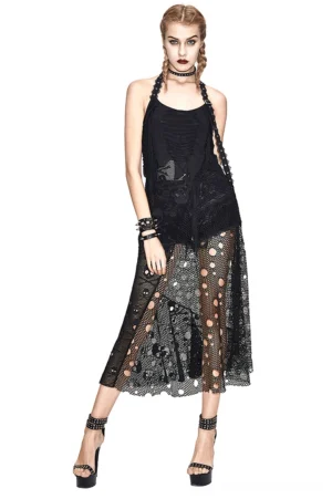 Black gothic halter maxi dress with skull fishnet skirt, front three-quarter view on model with braided hair