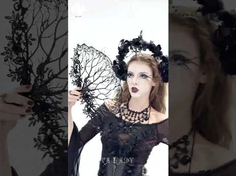 Collage showcasing black gothic lace hand fan details, model styling, and dark romantic fashion accessories