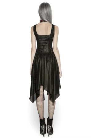 Black gothic handkerchief hem midi dress back full-body view with lace-up panel and fishnet stockings