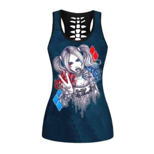 Gothic navy Harley Quinn tank top with cutout back design, front view on flat lay display showing dark blue fabric and character graphic print