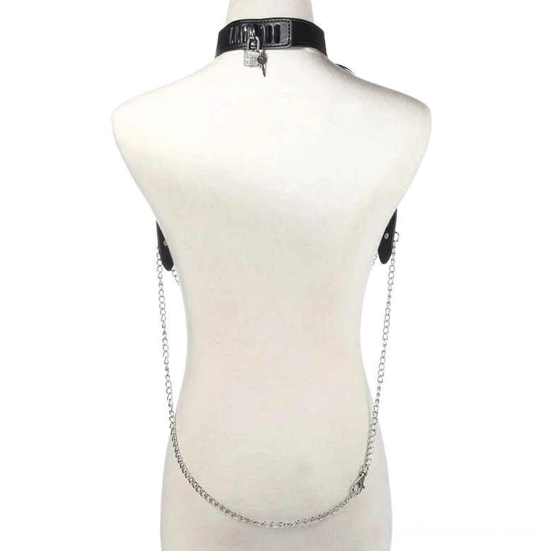 Back perspective of gothic chest harness on mannequin showing lockable clasp and adjustable waist configuration