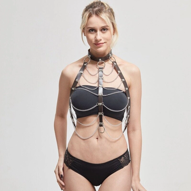 Gothic body chain harness back view showing shoulder strap design and chain arrangement