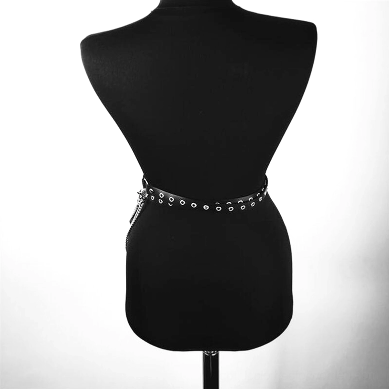 Back view of gothic harness belt showing solid leather strap with metal eyelets and rivets