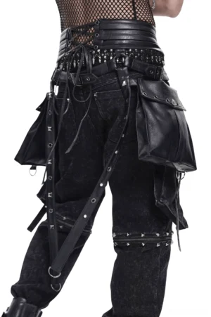 Black punk harness belt rear view showing studded waist panel and adjustable lace-up back system