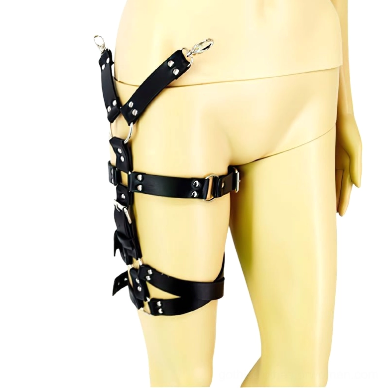 Mannequin wearing black synthetic leather thigh harness with metal snap clip fasteners, left rear angle