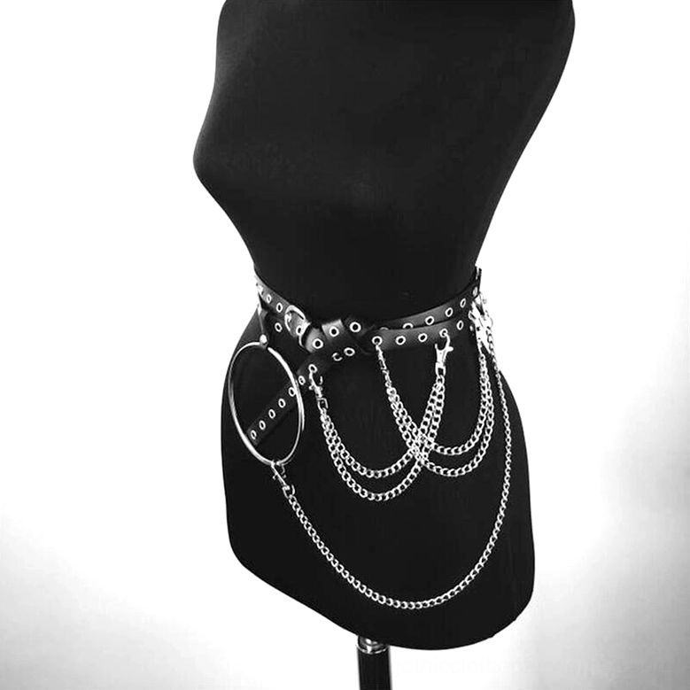 Gothic chain harness belt with eyelet punched leather strap and layered silver chains, front side view