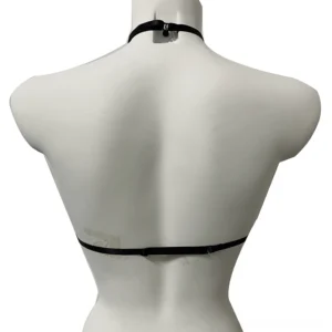 Adjustable gothic harness bra back view showing halter neck closure and back strap design with skull patch details