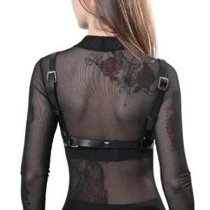 Black leather bondage harness back view showing adjustable shoulder straps and underbust buckles