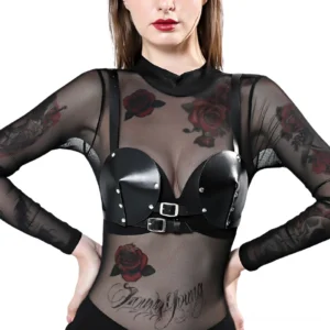 Black PU leather bondage harness bra front view with silver rivets and dual buckle system