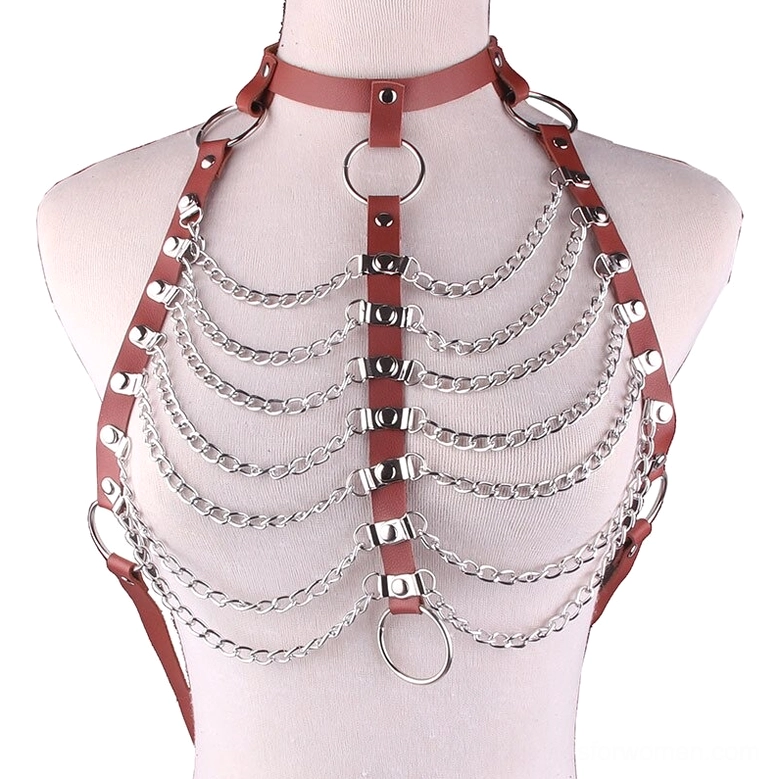 Brown PU leather adjustable body chain harness with heart-shaped metal buckles and chain details