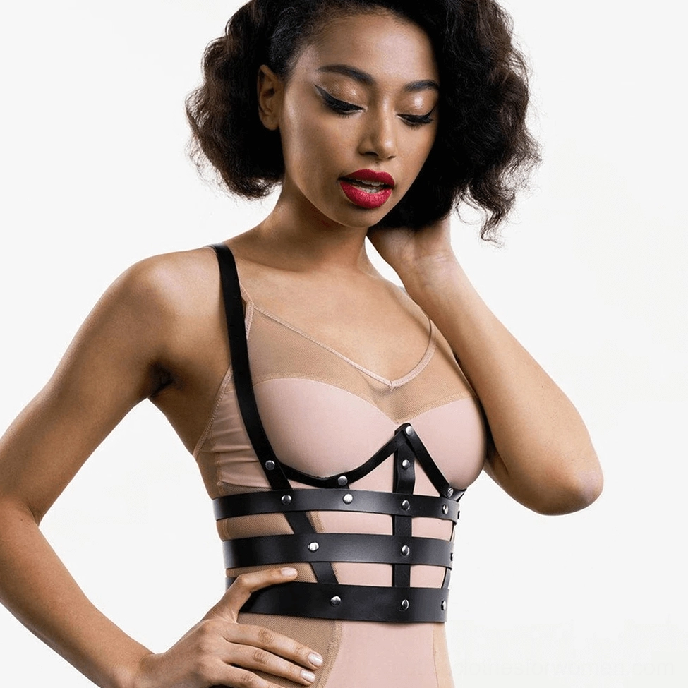 Gothic chest harness front profile view highlighting cage design and alternative fashion aesthetic
