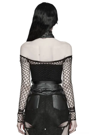 Black PU leather body harness back view on model wearing mesh top and leather skirt, showcasing layered back waist design