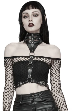 Black gothic body harness with choker collar worn on female model with fishnet crop top, front view studio shot