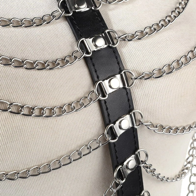 Product showcase of gothic multi-chain harness highlighting craftsmanship and premium zinc alloy materials