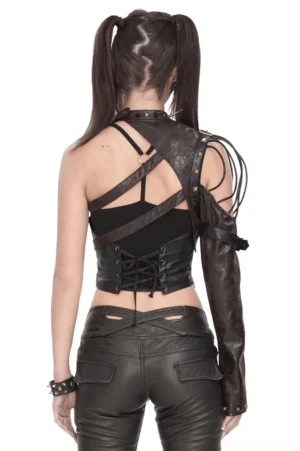 One-shoulder brown gothic harness with crisscross back straps and spike details - back view showcase