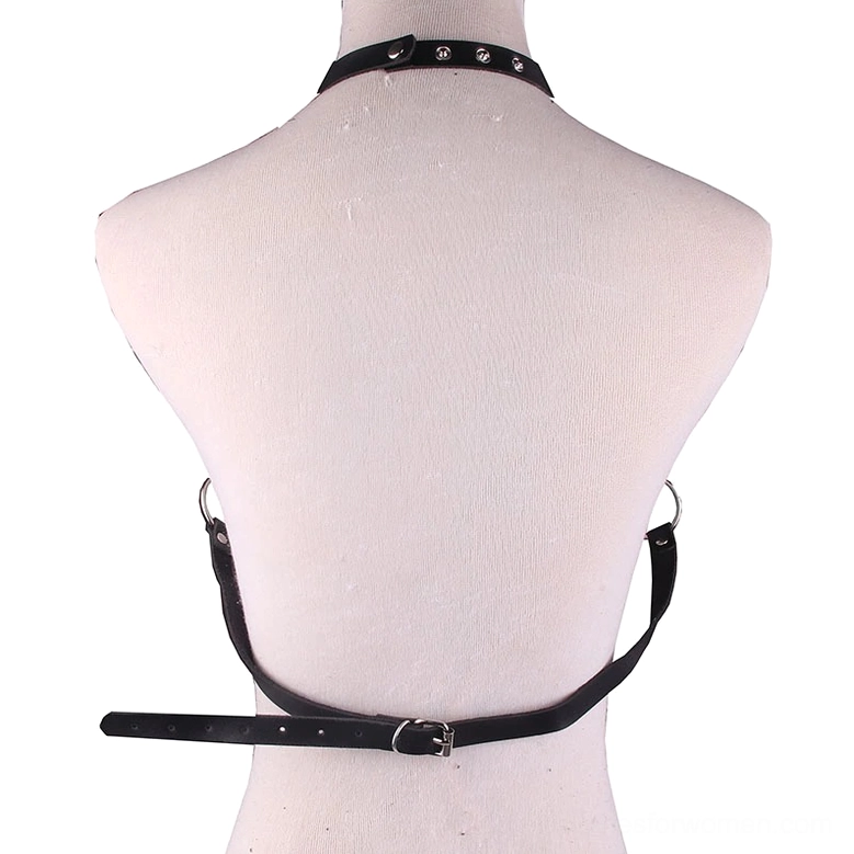 Dark brown PU leather body chain harness with layered silver chains and hollow geometric patterns