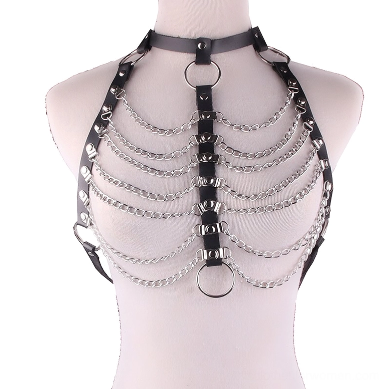 Dark gray PU leather gothic body chain harness with silver chain decoration and geometric design