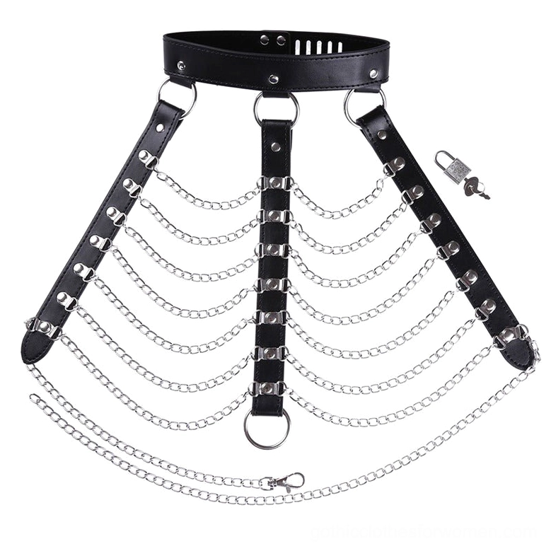 Overhead flat lay of multi-chain gothic harness displaying riveted shoulder straps and adjustable waist belt