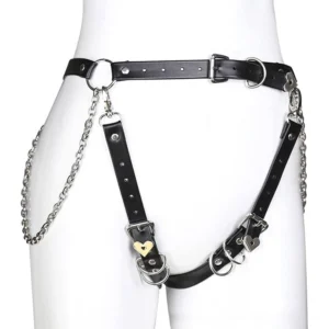 Black synthetic leather waist bondage harness with gold heart-shaped buckle and silver chain details, front view
