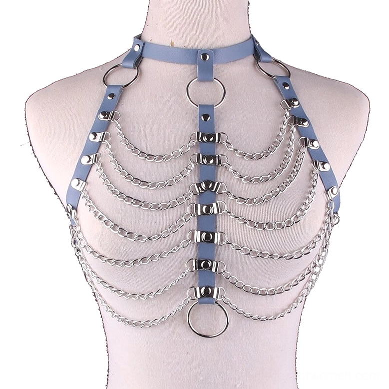 Light blue PU leather gothic body chain harness with metal O-rings and cascading chain elements