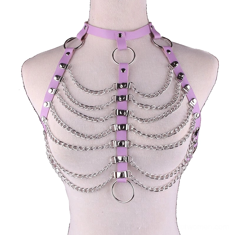 Light purple PU leather adjustable body chain harness with heart-shaped metal fasteners