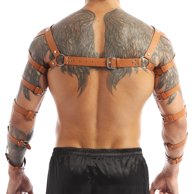 Gothic leather chest harness detail shot showing metal buckles, fastenings, and strap construction quality