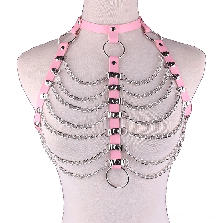 Pink PU leather body chain harness with layered silver chain details and geometric design