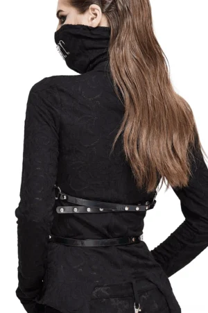 Black leather body harness rear view showing studded double waist straps and adjustable strap system