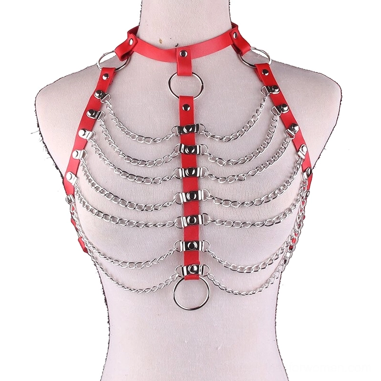 Red PU leather gothic body chain harness with metal O-rings and chain hardware, vampire aesthetic