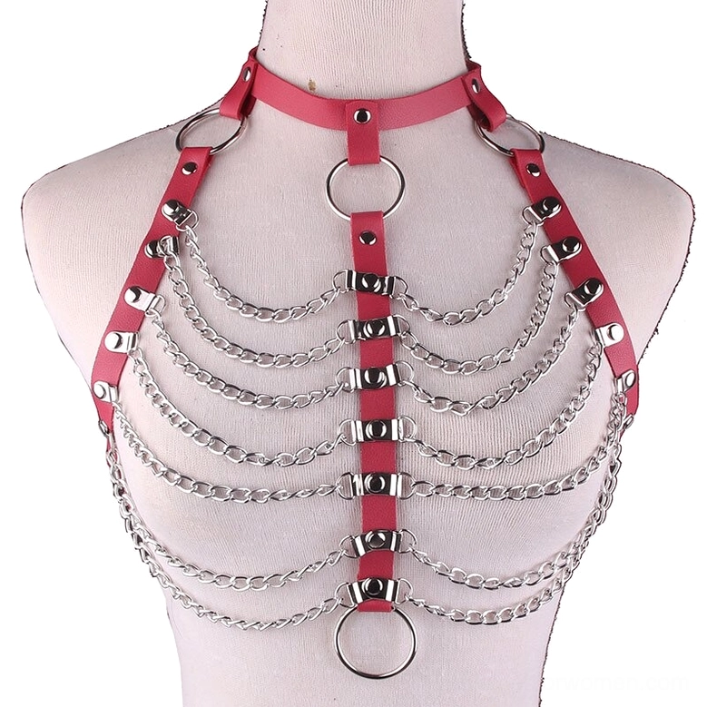 Rose-colored PU leather adjustable body chain harness with cascading chains and metal details