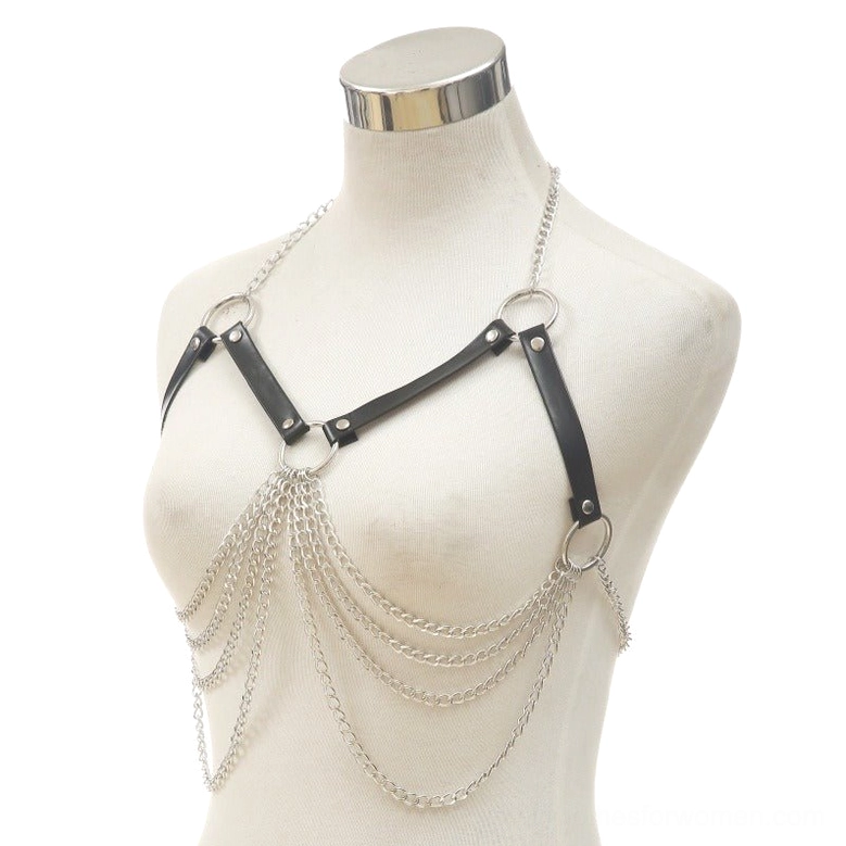 Gothic body harness with shoulder-hanging metal chain tassels three-quarter front angle view
