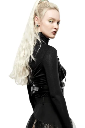 Black punk leather harness side and rear view, adjustable waist belt and Y-back design, gothic body harness worn styling