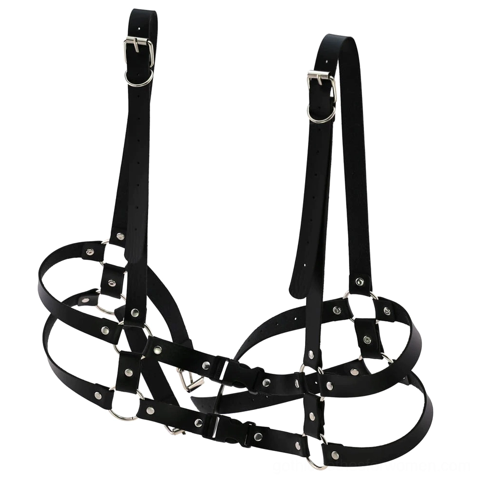 Black leather harness side flat lay display showcasing interconnected straps and metal D-ring construction details