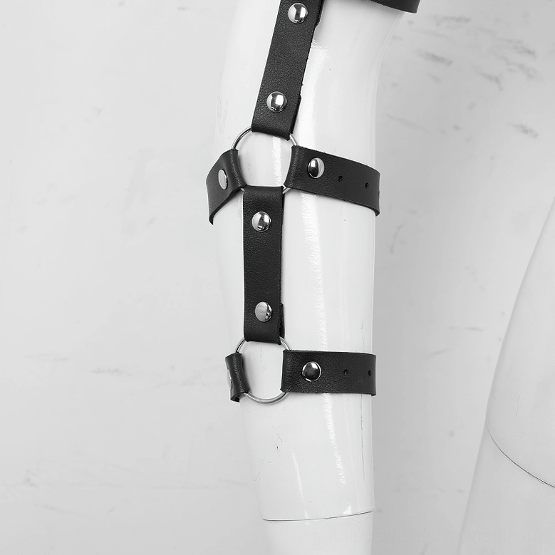 Faux leather chest harness detail view showing strap layout, shoulder positioning, and overall construction