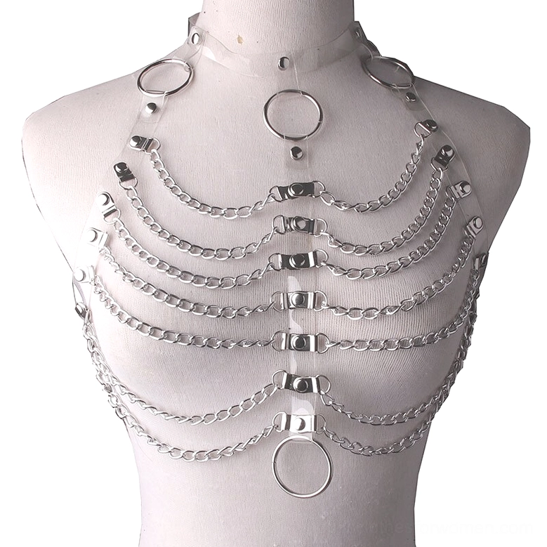 Transparent or clear PU leather body chain harness with silver chain elements and geometric cutouts