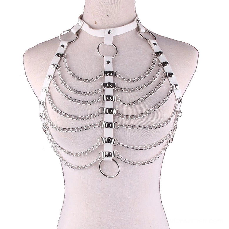 White PU leather gothic body chain harness with layered chains and metal O-ring hardware