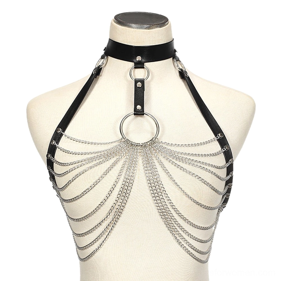 Black chest body harness with leather collar straps and silver layered chains with central metal O-ring