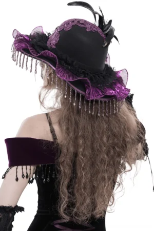 Gothic witch hat with feather plumes and ruffled brim - back view on model with long curly hair