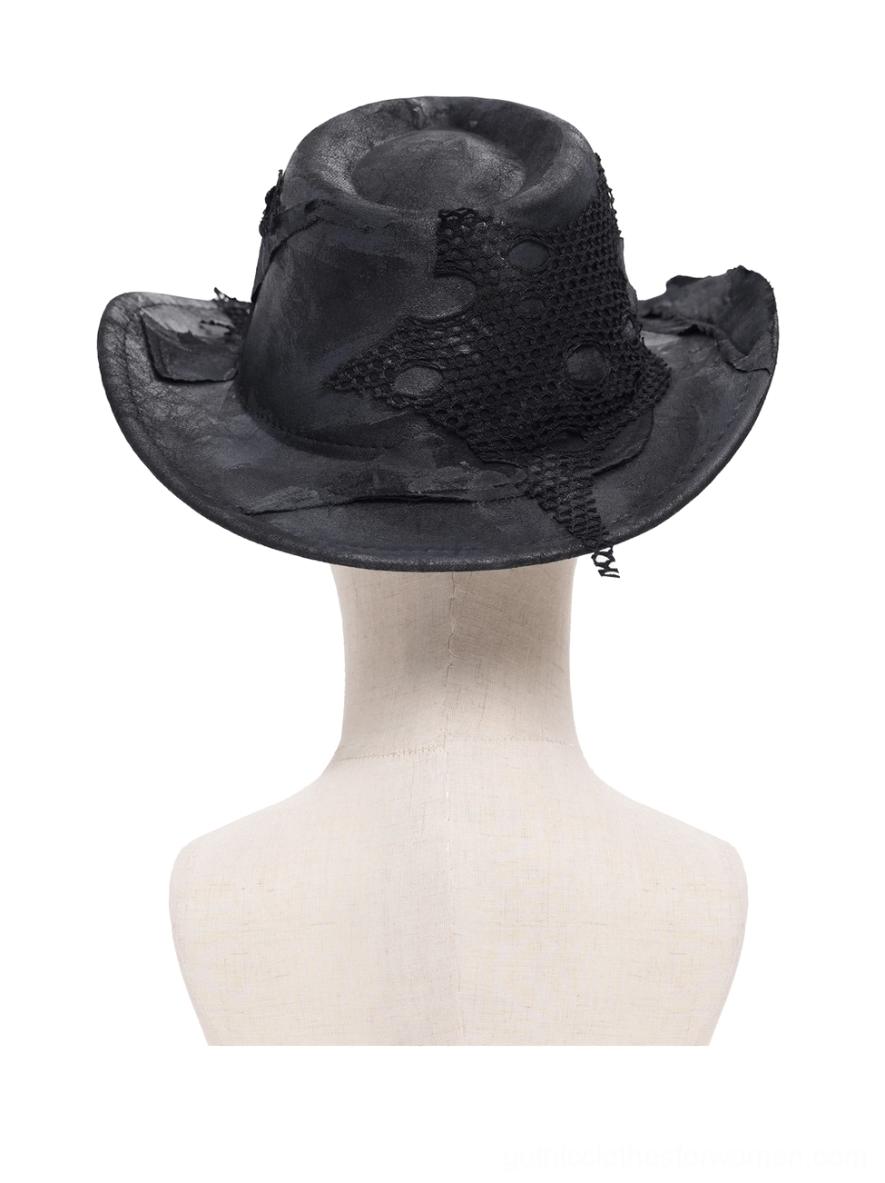 Black gothic cowboy hat front top view displaying mesh crown patch and distressed ripped fabric