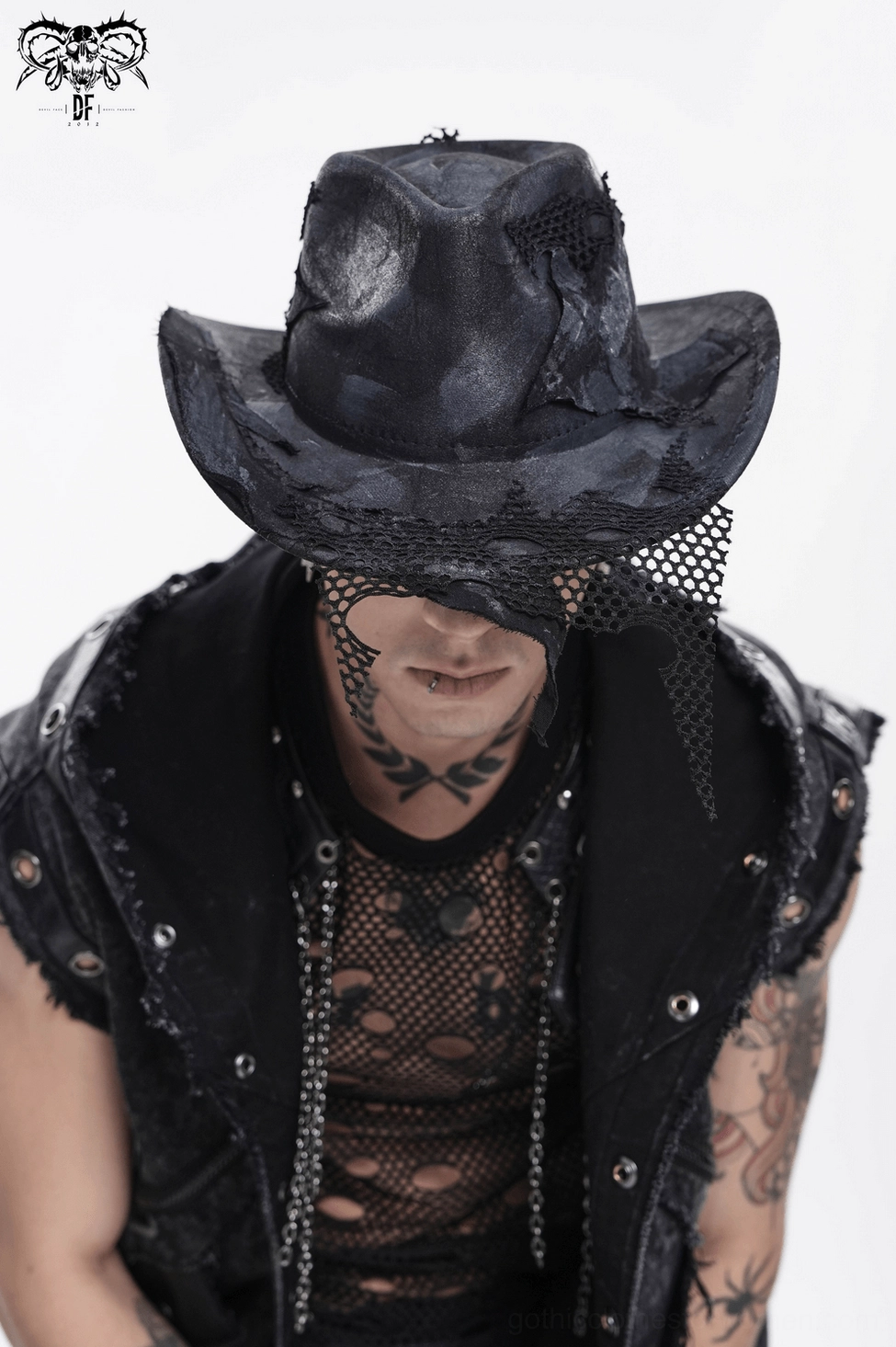 Black gothic cowboy hat distressed mesh detail and patchwork construction close-up