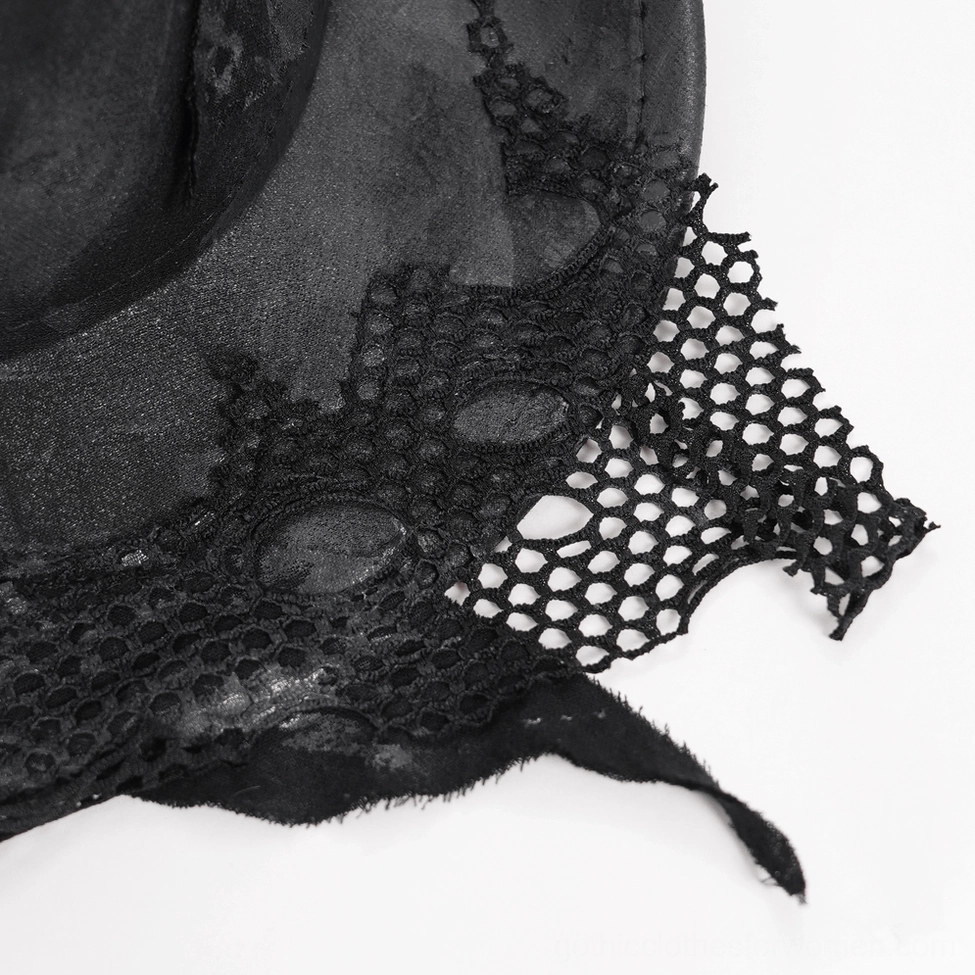 Black gothic cowboy hat fabric composition detail showing polyester blend and mesh construction