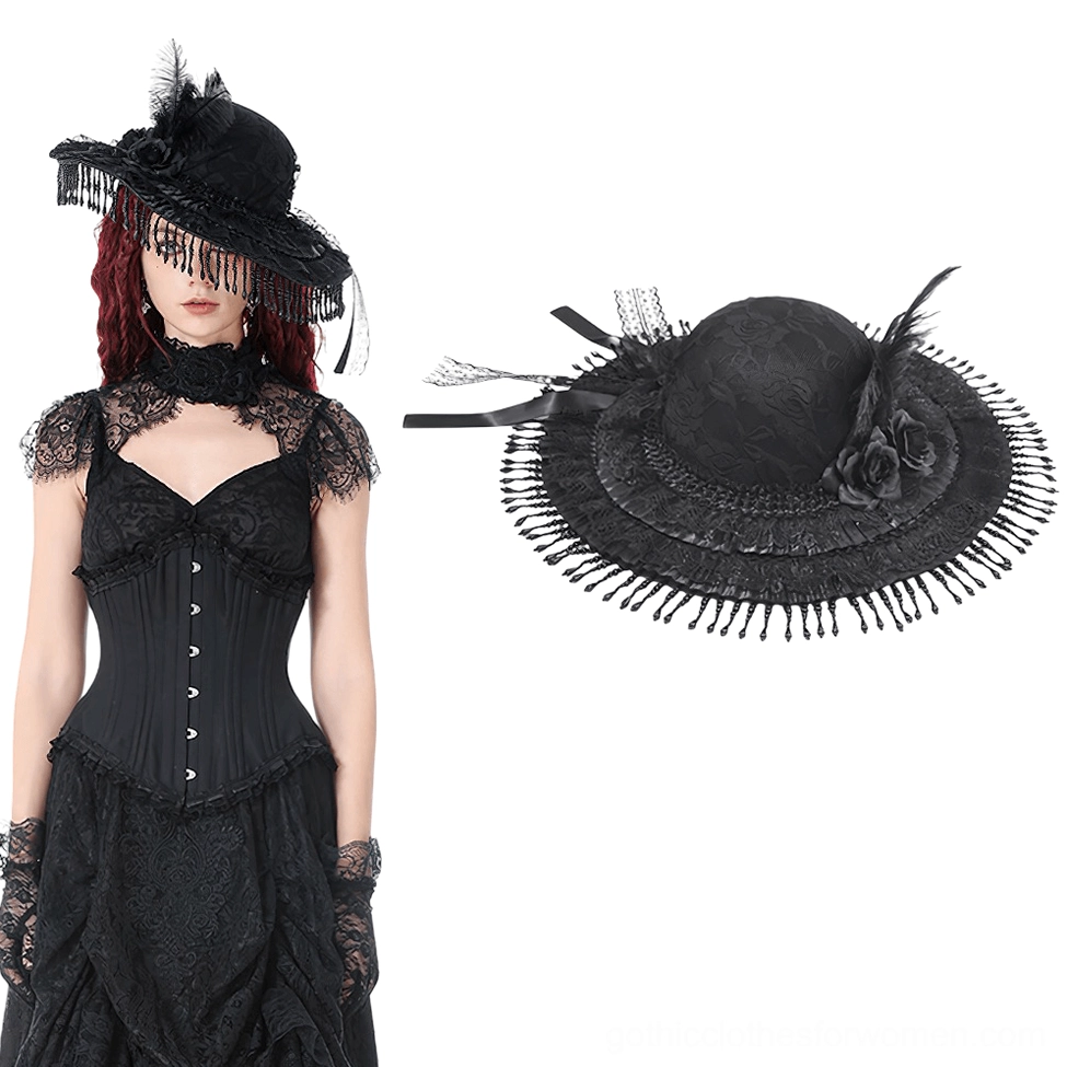 Victorian gothic hat paired with formal black lace gown and beaded fringe veil - full front view on model