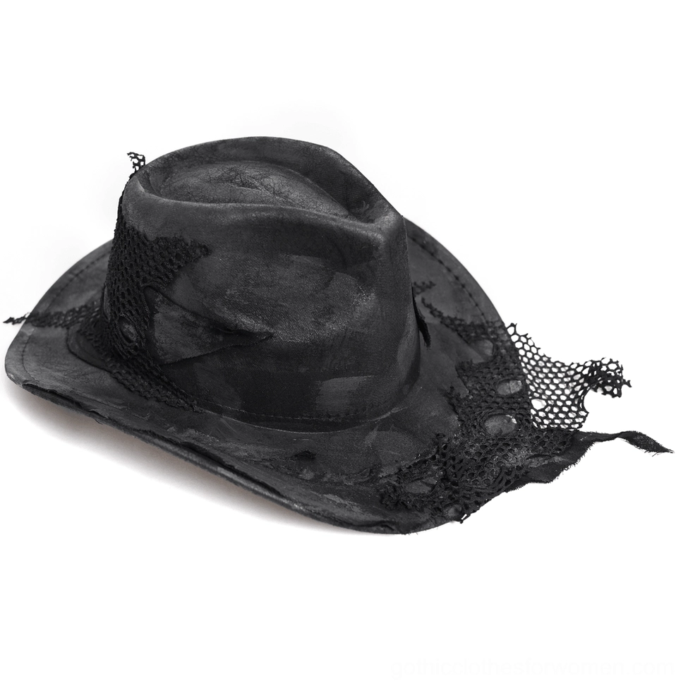 Black distressed mesh patch gothic cowboy hat detail shot of decorative ripping and fabric layers