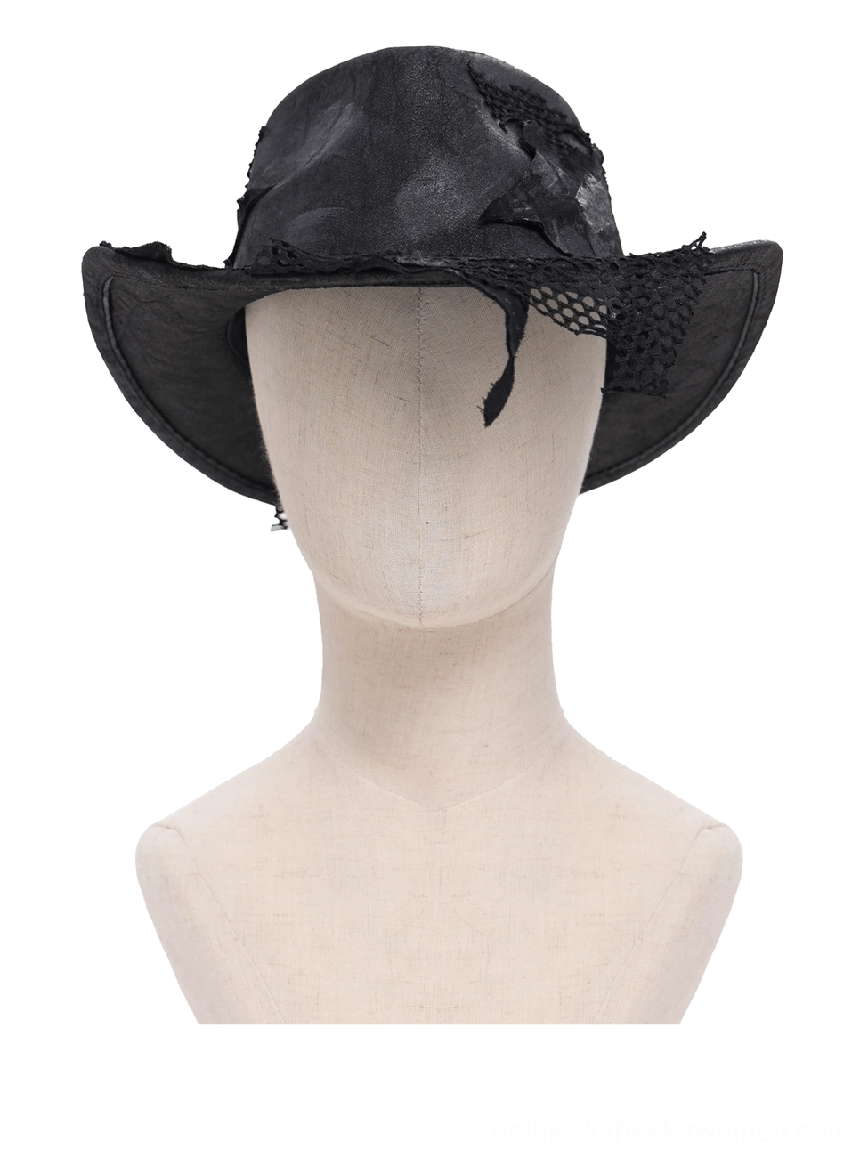 Black gothic cowboy hat front view displaying mesh patch and textured worn black fabric